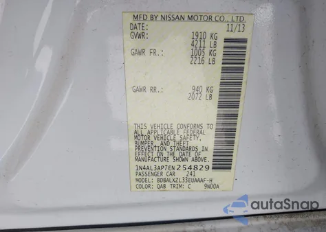 2014 Nissan Altima 2.5 Sl z USA, uszkodzony, nr VIN 1N4AL3AP7EN254829